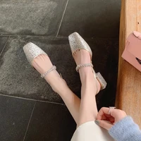 2022 mule shoes women sandals elegant square toe mid heel summer office lady shoes fashion crystal heels gladiator sandals woman