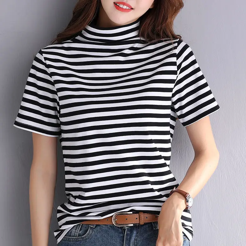 

Fashion Printed All-match Striped T-Shirt Women's Clothing 2023 Spring New Loose Casual Tops Short Sleeve Korean Tee Shirt