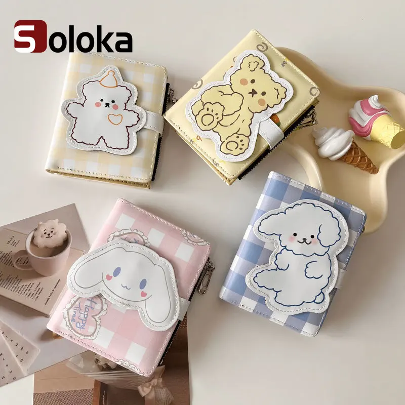 

Women Short Wallet Cartoon Bear Dog Zipper Change Grid Coin Pocket Students Stain Resistant Retro Coin Purse Card Holder