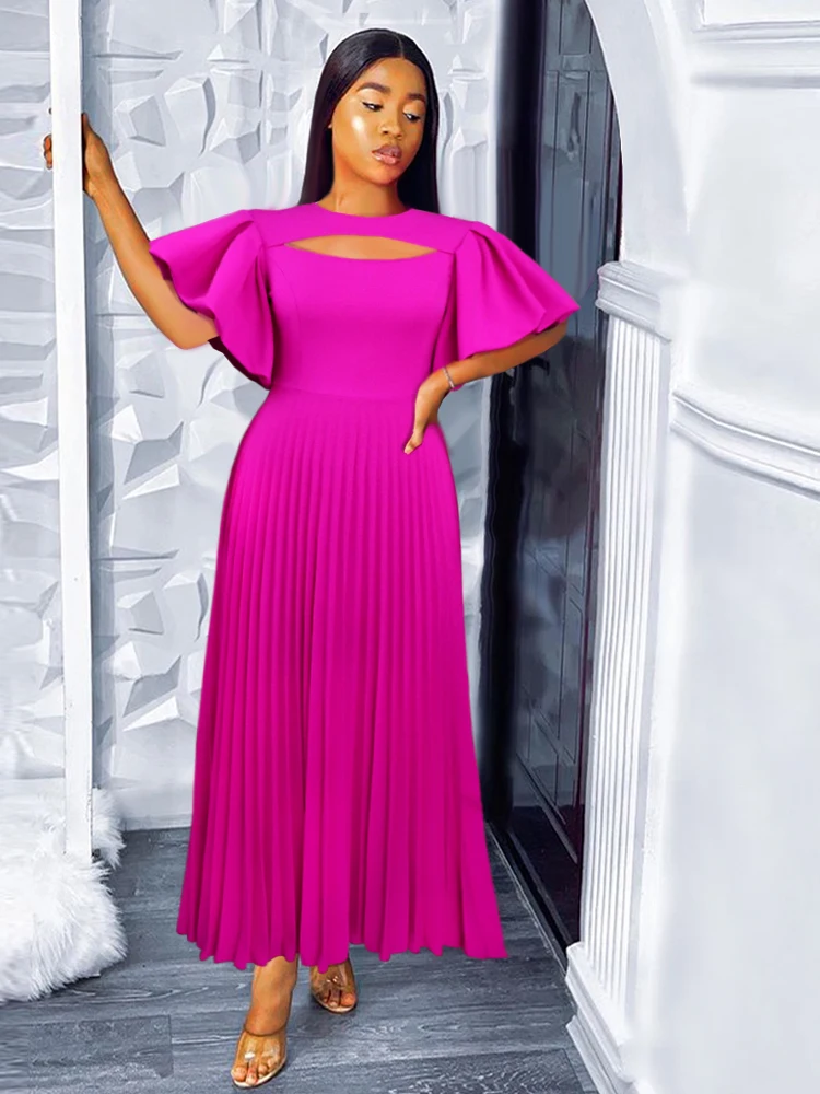 

Women Rose Pleated Party Dress Sexy Short Lantern Sleeves Cut Out Chest Elegant African Celebrate Birthday Wedding Guest Robes