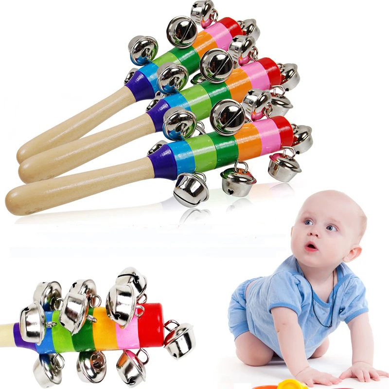 

Baby's Bell Vocal Toys Rainbow Shaker Stick Educational Toy Handle Wooden Activity Bell Ring Rainbow Musical Instrument