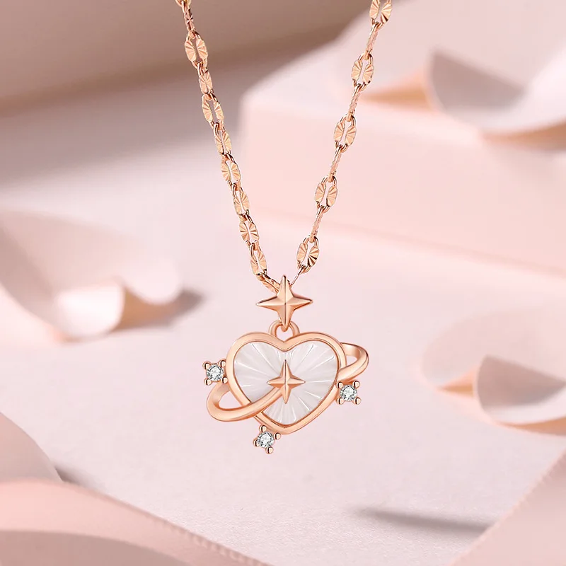 

Original Design 925 Sterling Silver Heart-shaped Necklace for Female Unique Design Rose Gold Star Clavicle Chain Jewelry Sets