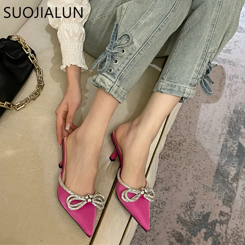 SUOJIALUN 2022 New Spring Women Slipper Bling Crystal Bow-knot Pointed Toe Slip On Mules Shoes Thin High Heel Ladies Sandal Shoe