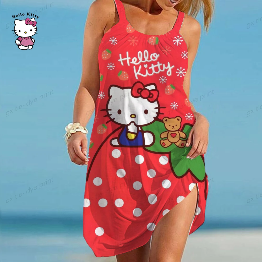 

Женское летнее свободное платье с круглым вырезом, коротким рукавом и принтом Hello Kitty