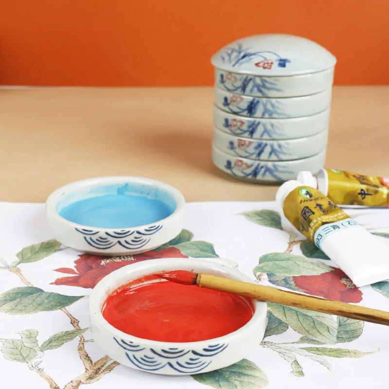 

Five-layer Ceramic Glaze Palette Beginners Watercolor Chinese Painting Calligraphy Practice with Covered Paint Dish