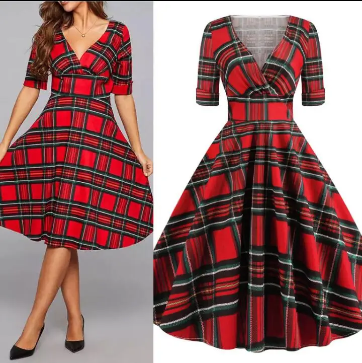 

Christmas Party Dress, V-Neck, Short Sleeve, Red, Plaid, Vintage,