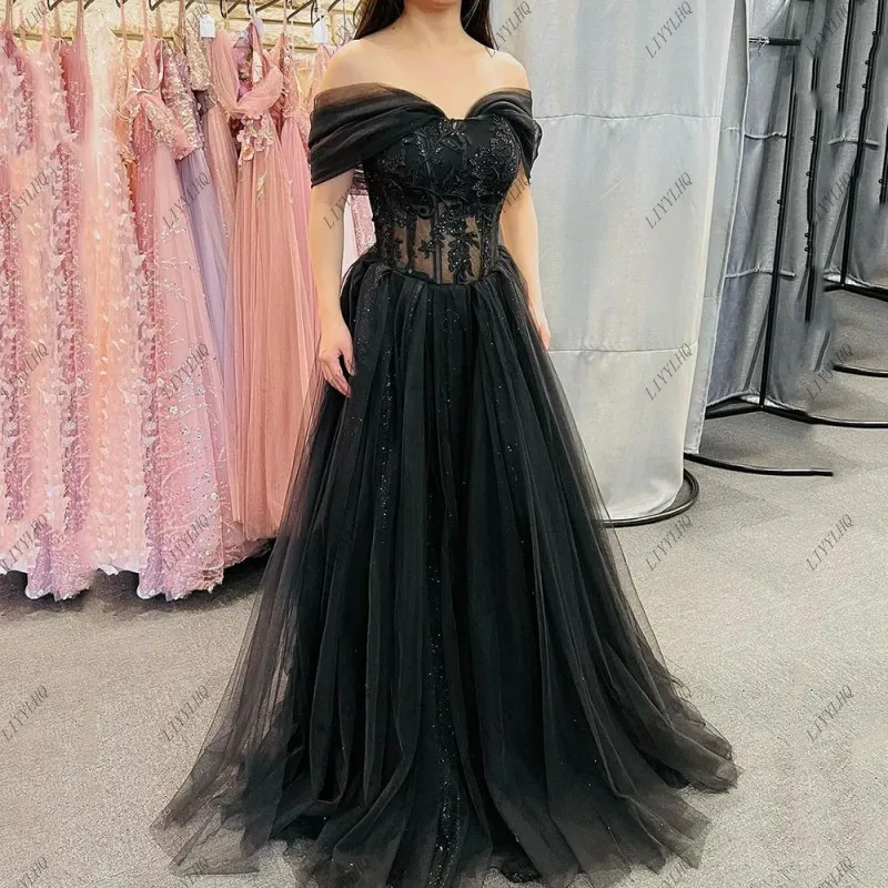 LIYYLHQ Black Prom Dresses Lace Appliques A-shaped Tulle Princess Evening Graduation Party Formal Dress
