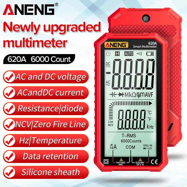 

Профессиональный цифровой мультиметр ANENG 620A, 6000 отсчетов, True RMS, автоматическое напряжение, ток тестер-транзистор, тест сопротивления темпер...