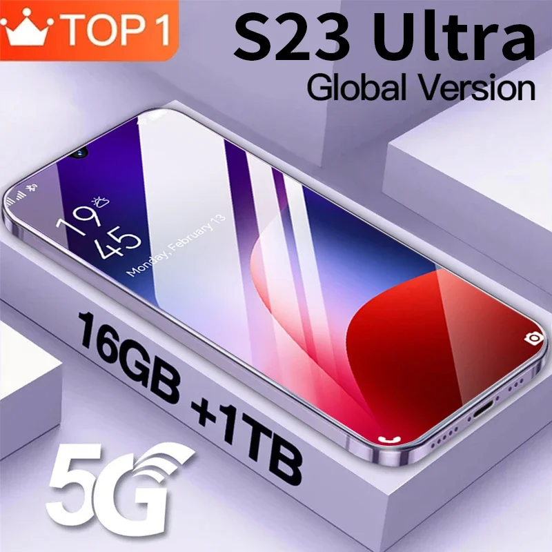 

Новинка 2023, смартфон S23 Ultra с экраном 7,0 дюймов, телефон с идентификацией по отпечатку пальца на две Sim-карты, 16 ГБ + 1 ТБ