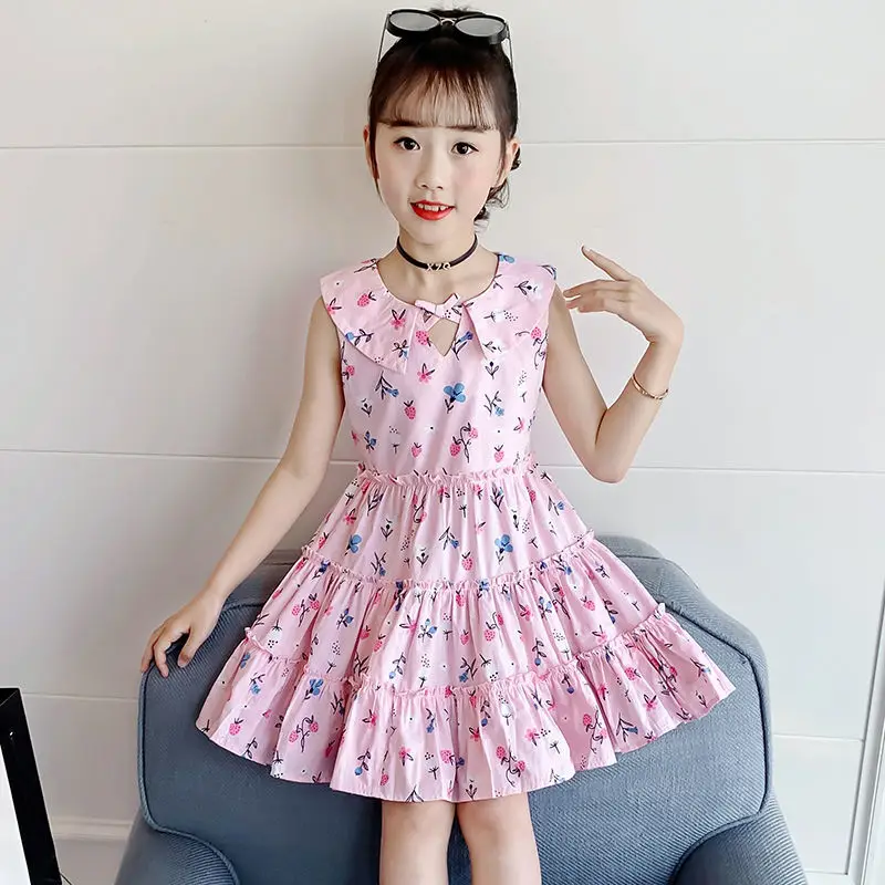 

2022 Summer Kids Girls Floral Flower Print Dresses Toddler Girl Princess Vintage Sleeveless Dress Party Children Costume D18