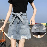 new fashion 2021 summer women high waist ripped bow denim skirts female korean all match a line chic skirt casual streetwears