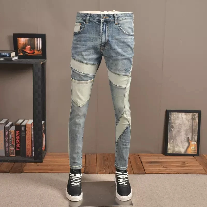 

Streetwear Fashion Men Jeans Retro Blue Stretch Slim Fit Spliced Designer Ripped Jeans Men Patched Pocket Hip Hop Pants Hombre