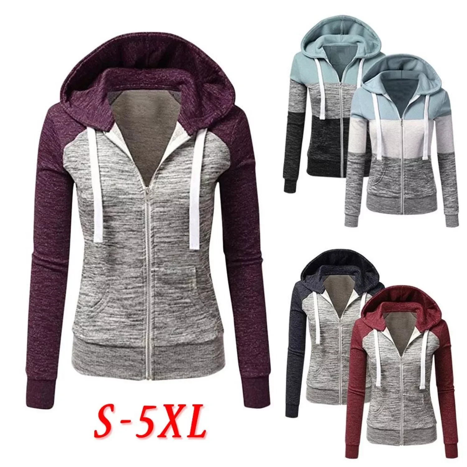 

2022NEW Zip Up Hoodie Long Sleeve Sweatshirts Autumn Winter Hooded Jacket Ladies Fashion Pocket Patchwork Drawstring Sweatshirts