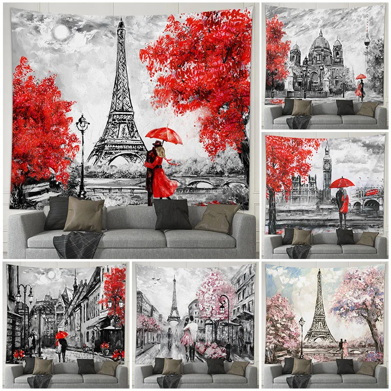 

Romantic Couple Lovers Under Eiffel Tower Big Ben Tapestry Wall Hanging Maple Rose Decorated Home Dorm Decor Cloth