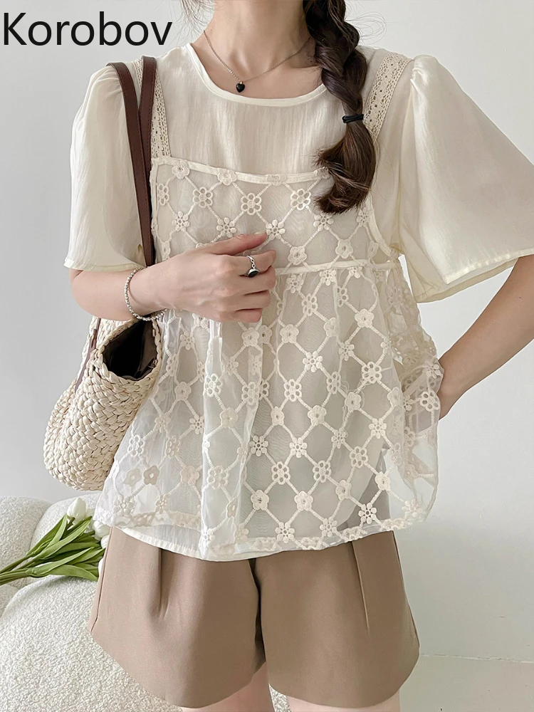 

Summer Lace Suspenders Solid Color Short Sleeve Shirt Two Piece Set Vintage Women Blouses Puff Sleeve Blusas Mujer De Moda 2022