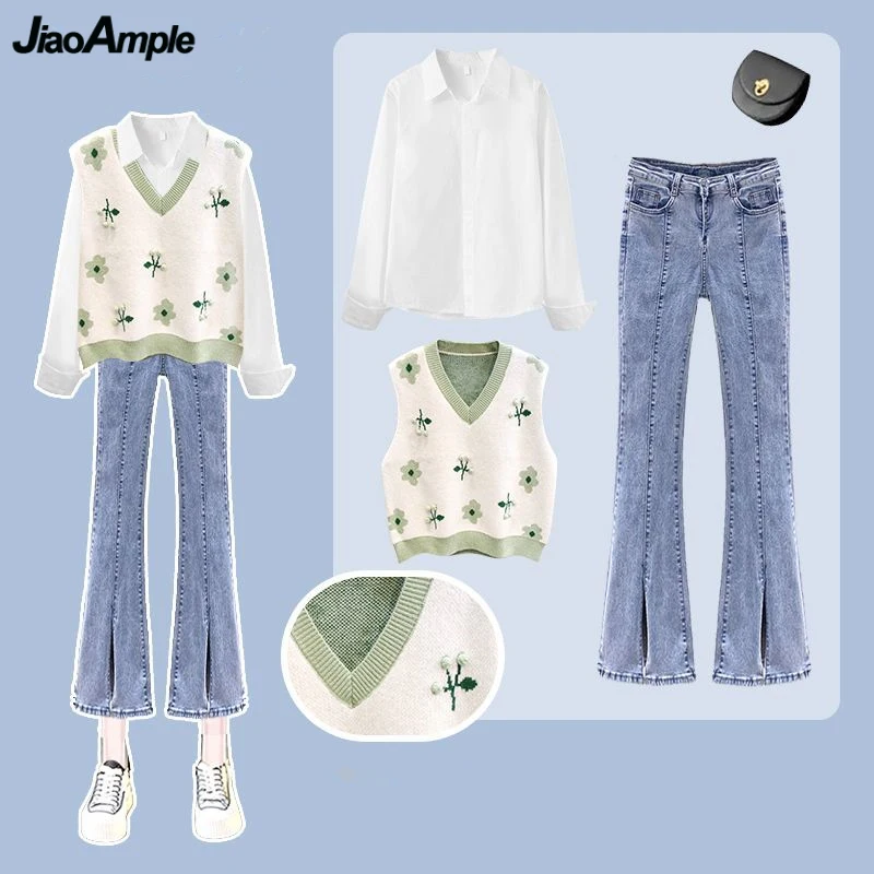 Женский весенний шикарный зеленый вязаный жилет с цветочным принтом белые