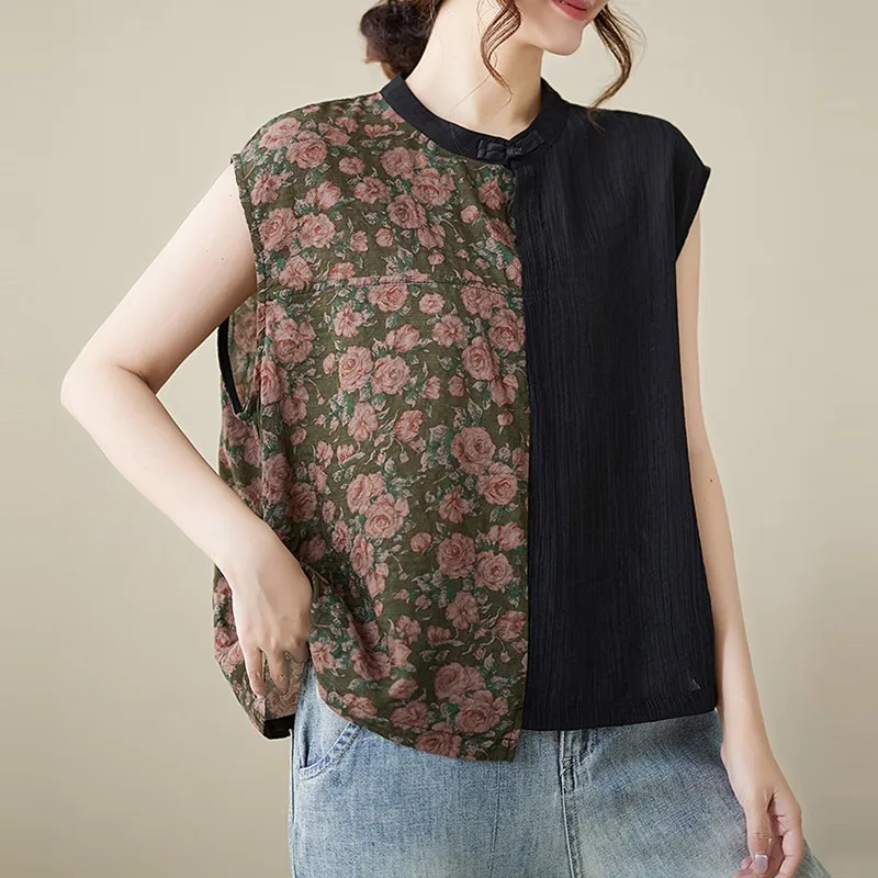 Женская футболка без рукавов Повседневная Свободная составного кроя с цветочным