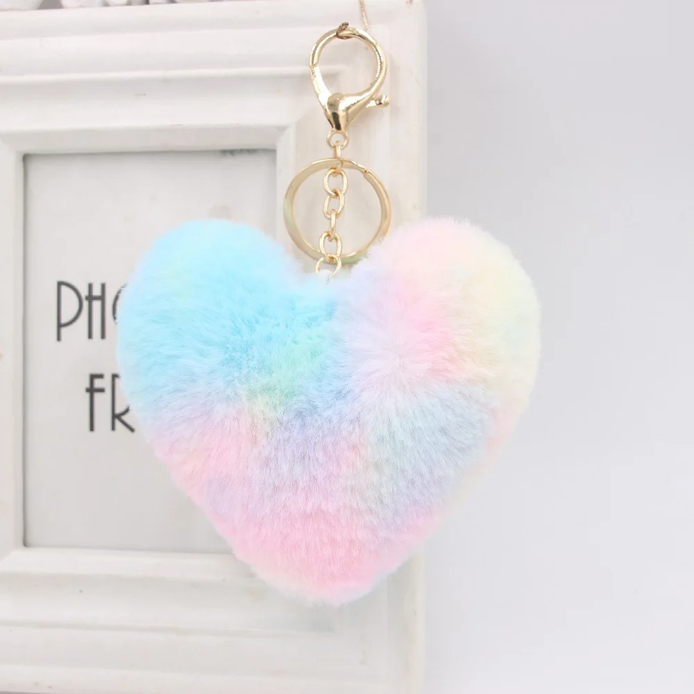 

Creative Colorful Hairball Gradient Heart Pendant Keychains Women Bag Accessory