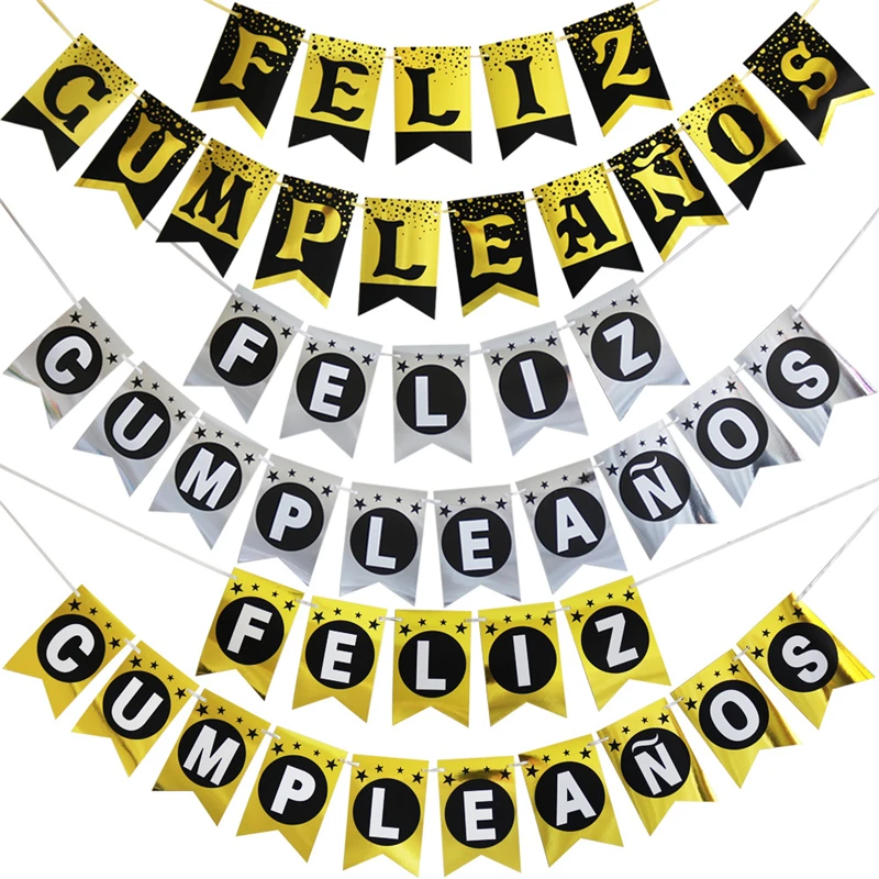 

15pcs Black Gold Silver Spanish Feliz Cumpleaños Banners Paper Bunting Garland Flags Happy Birthday Party Decorations Kids Adult