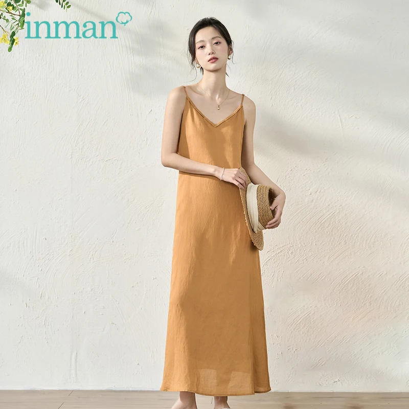 

INMAN Women Suspended Dress 2023 Summer Sleeveless V Neck A-shaped Slim Waist Elegant Official Coffee Internal Skirt