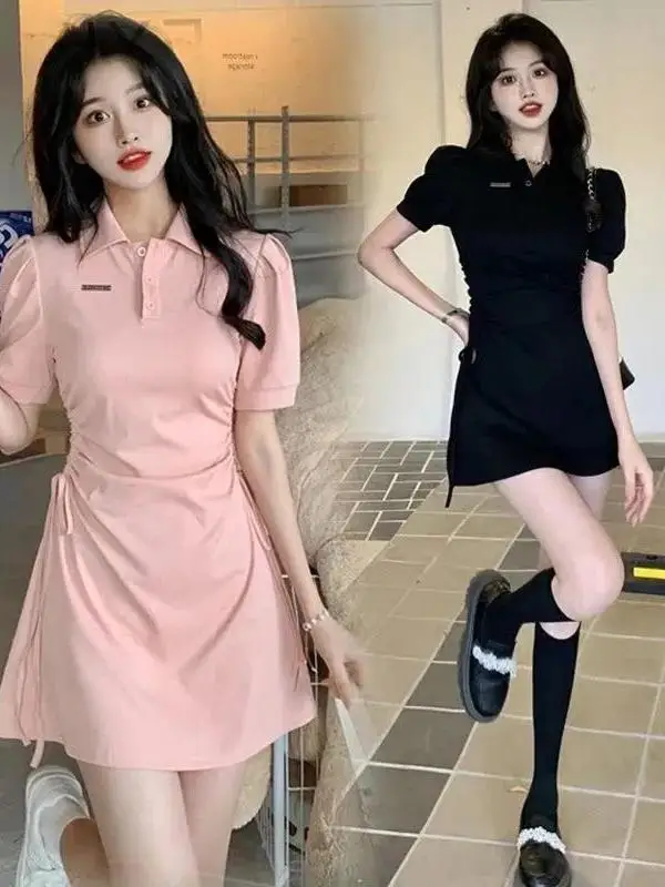 Женское платье-поло с воротником Новинка весна-лето 2024 пояс кулиской для