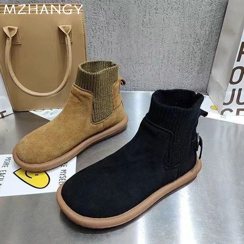 Женские замшевые ботильоны на плоской подошве вязаная обувь с пряжкой женские
