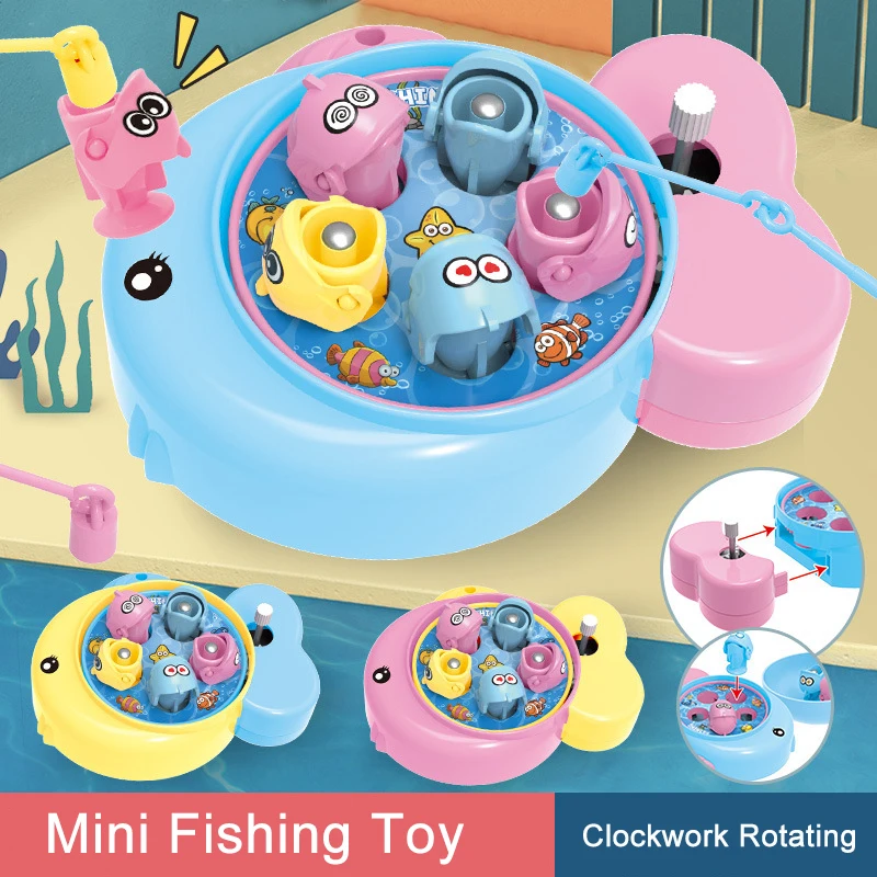

Magnetic Mini Fishing Toy Clockwork Rotating Fish Rod Interactive Toy Education Stimulation Busy Board for Kids Toddler Children
