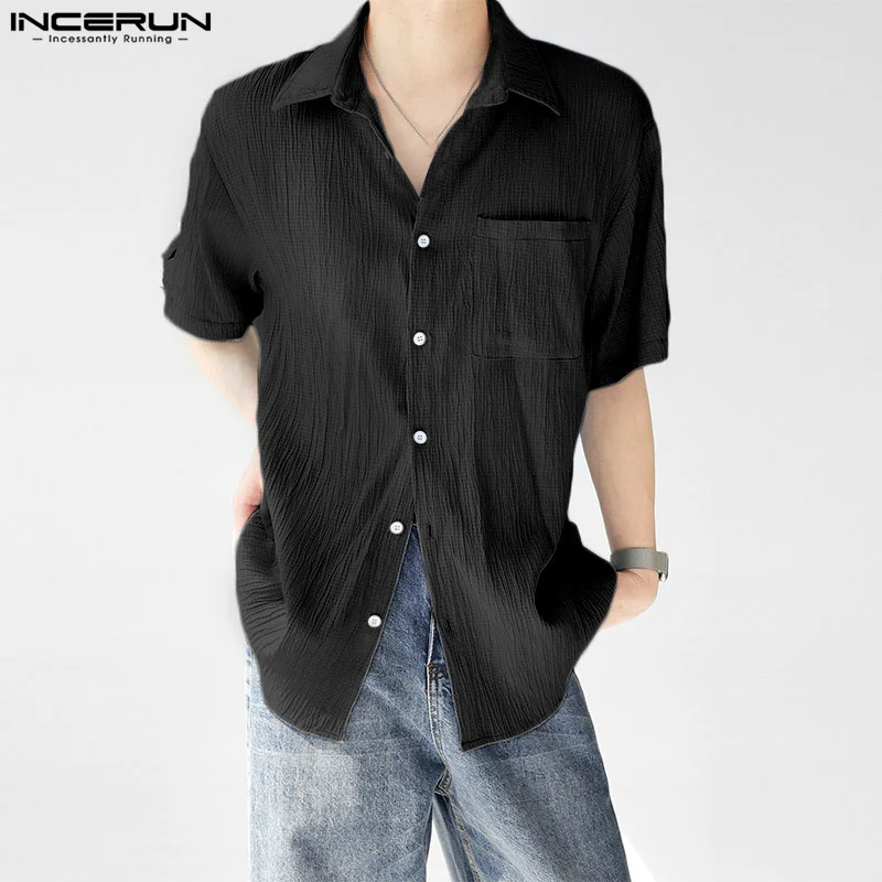 

Korean Style New Men Pit Stripe Texture Design Shirts Casual Streetwear Male Solid Short Sleeved Blouse S-5XL INCEURN Tops 2023