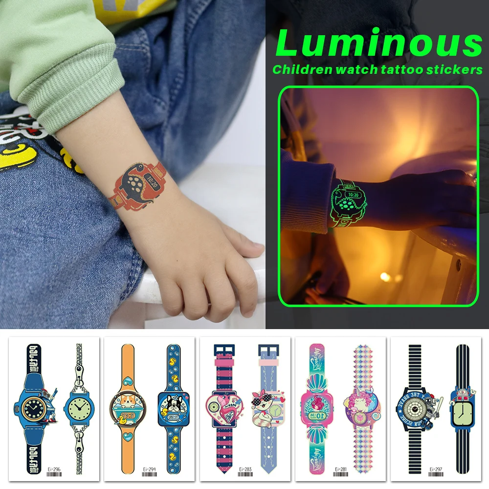 

Waterproof Luminous Watch Tattoo Stickers Green Light Personality Stickers For Girl Boy Kids Gift