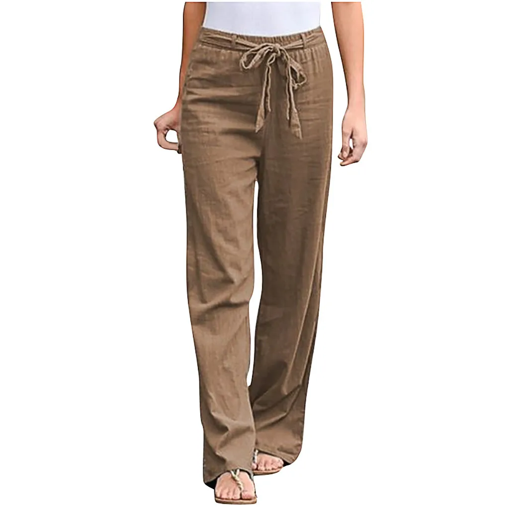 Wide Leg Cropped Pants For Women Casual Loose Cotton Linen Comfy Trousers 2023 Summer Drawstring Elastic Waist Straight Pants