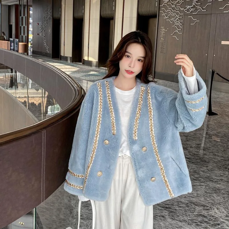 2022 Elegant Faux Fur Cropped Jacket Women Fall Winter  Fashion Sweet Long Sleeve V Neck Blue Plush Coat Korean Kawaii Outerwear images - 6