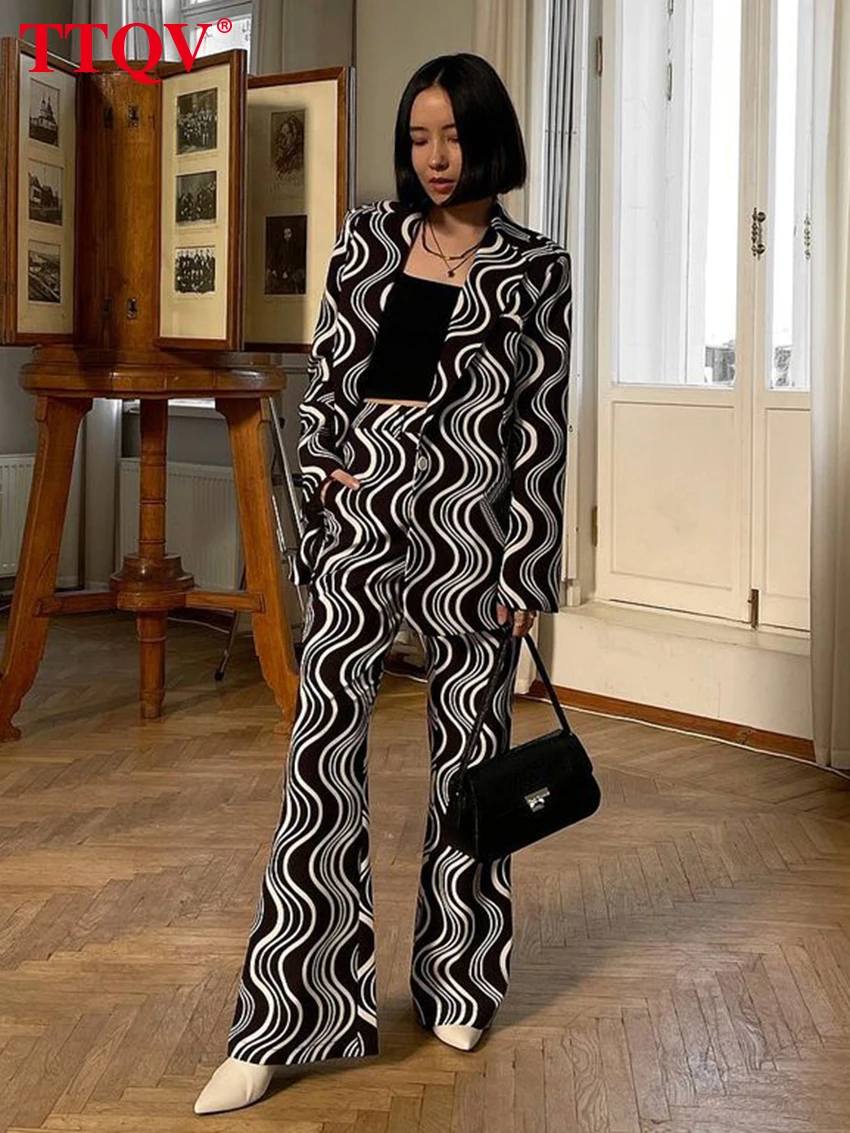 

TTQV Elegant Black Print Women Two Piece Outfits 2022 Casual Lapel Long Sleeve Coat And High Waisted Wide Leg Pants Female Sets