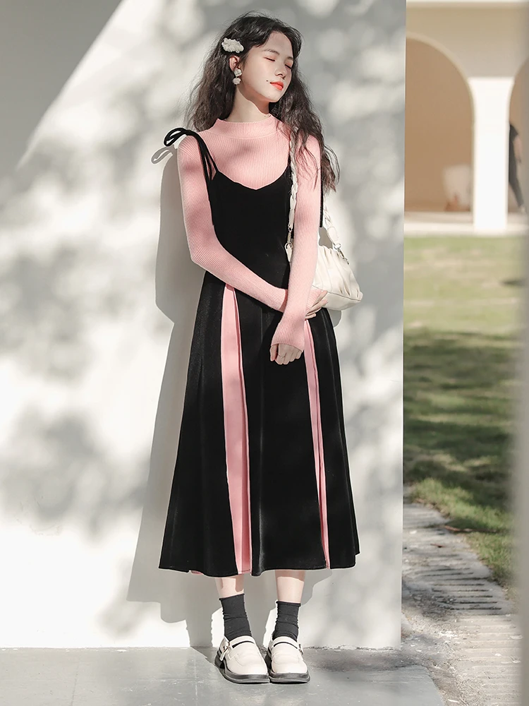 

Женское платье в стиле преппи, осенне-зимние новые розовые облегающие вязаные свитеры, черные Лоскутные Платья без рукавов, 2022