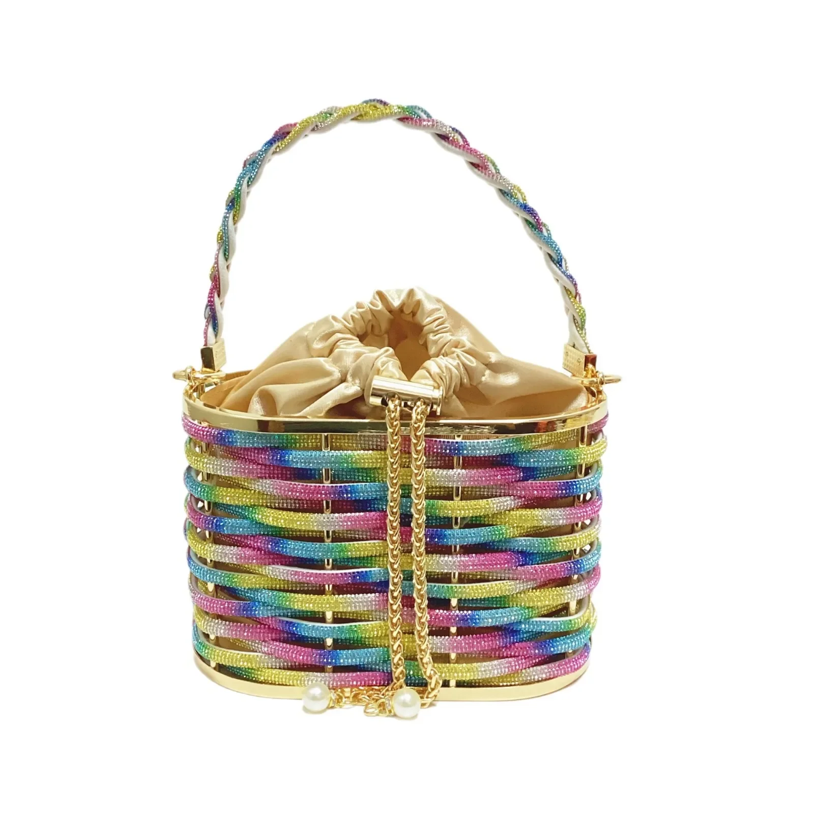 

Metallic Shiny Pearl Rhinestone Chain Evening Bags Women's Basket Shoulder Bag Crossbody Tote For Ladies Wedding Party Bags