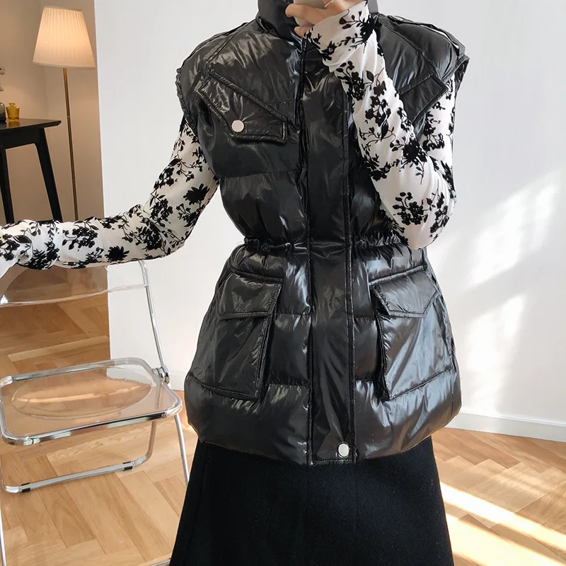 2021 Winter Warm Down Coat Women Fashion Shiny Vest Zipper Pocket Vest Coat Sleeveless Cotton Parkas Women Femme Tops Streetwear