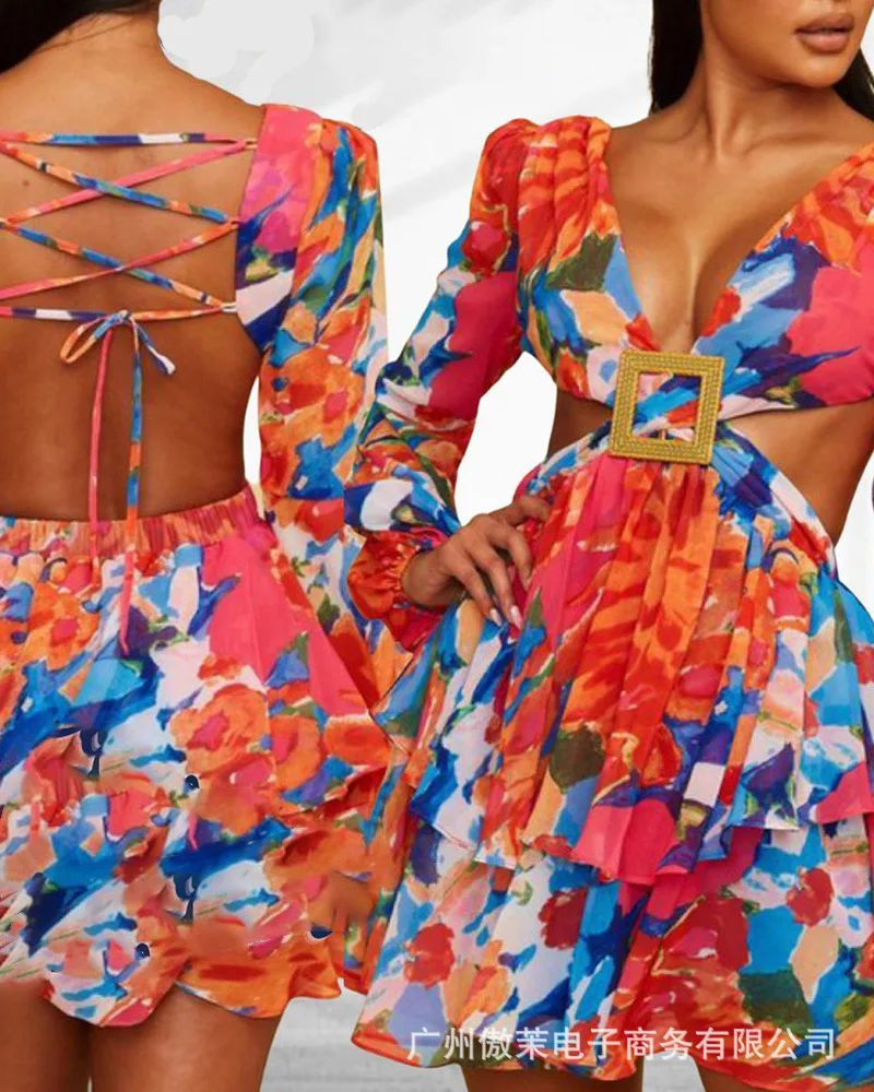 

Print Flower Mini Dresses Women Summer 2022 New Sexy Backless Dress Lantern Sleeve Sexy Waist Strap Sundress