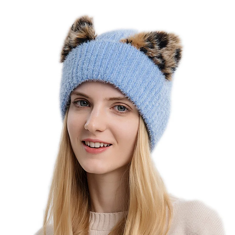 

Women Plush Leopard Ear Knitted Hat Winter Warm Outdoor Earmuffs Cap High Quality Wool Beanies Bonnet Retro Elastic Ski Skullcap