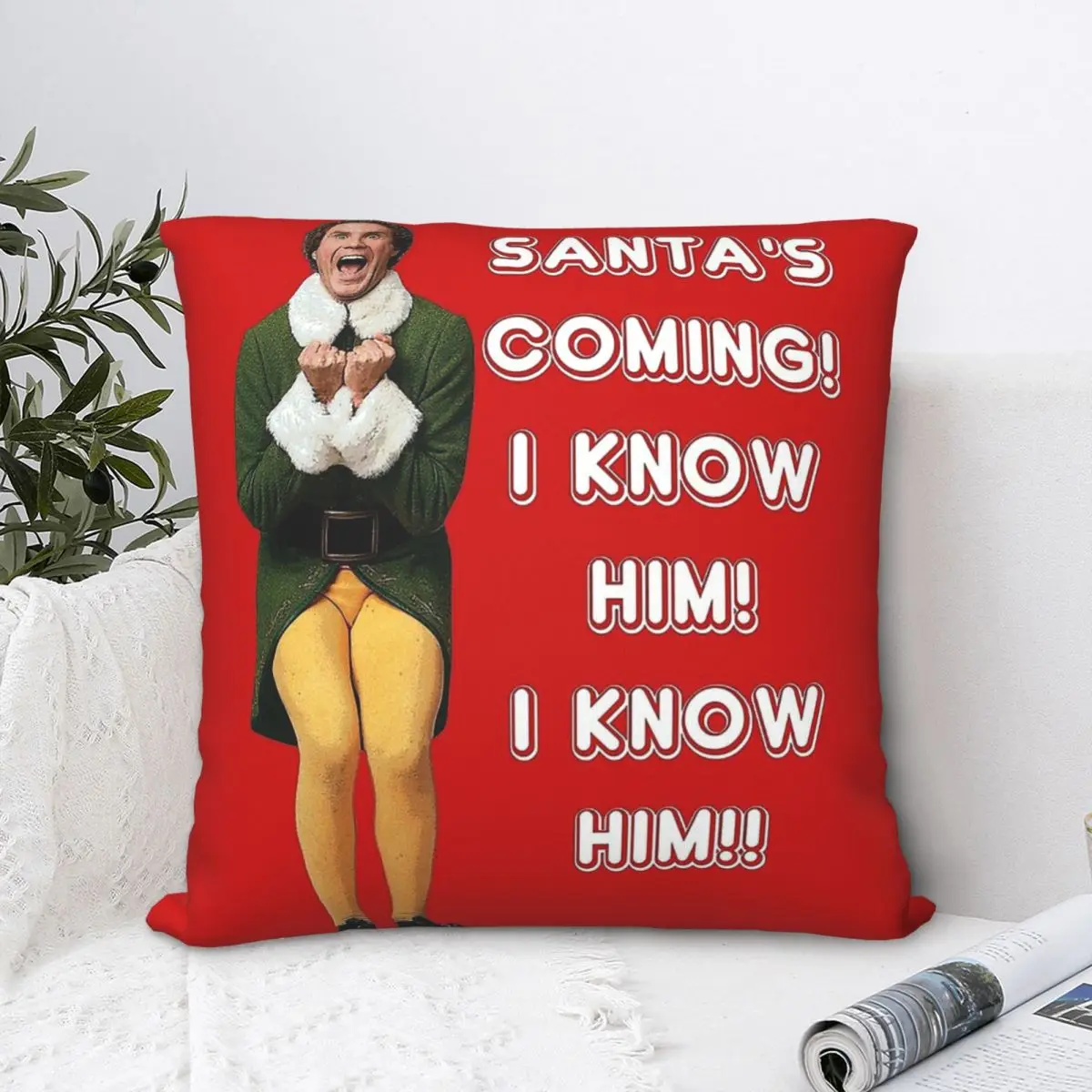 

I KNOW HIM Elf The Movie Will Ferrell Buddy Christmas Throw Pillow Case Elf SANTA'S COMING Cushion Home Sofa Chair Print
