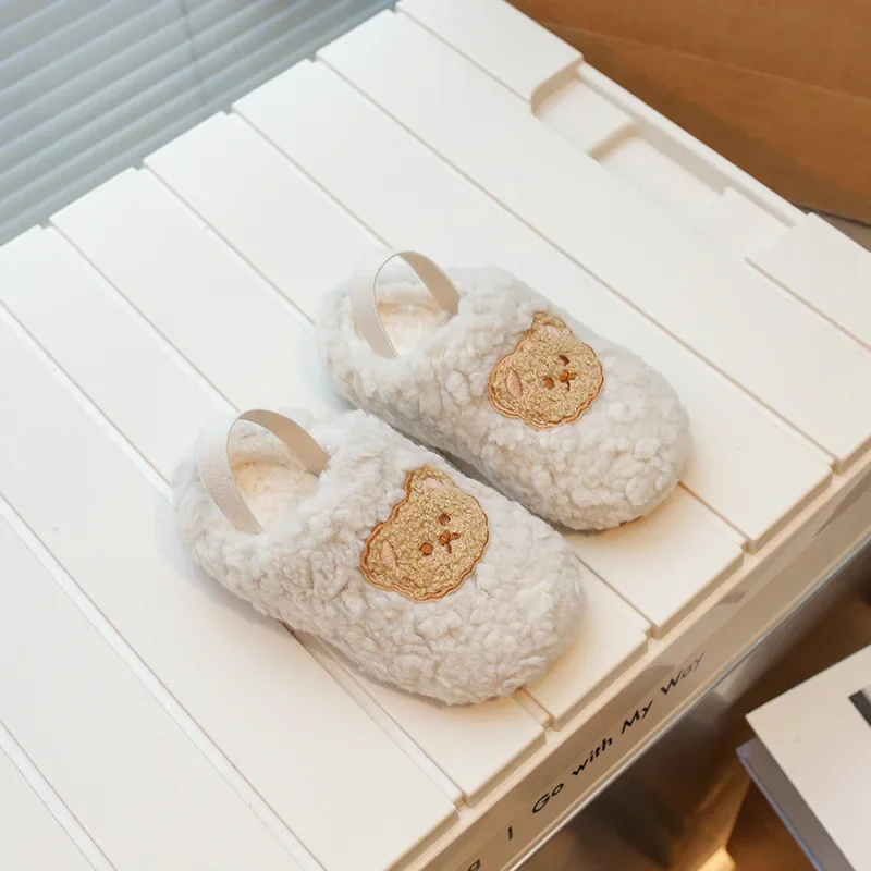 Детские меховые тапочки в Корейском стиле модная теплая обувь с круглым носком