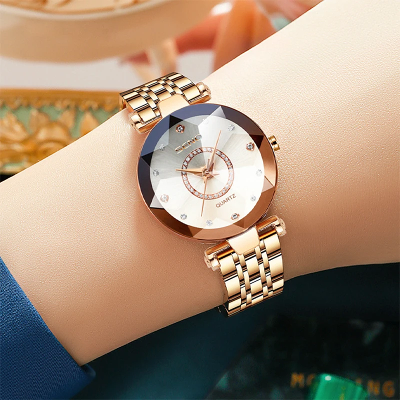 Ocean Heart Brand Diamond Glass Solid Stainless Steel Band Women's Waterproof Watch Ladies Watches Luxury Gift