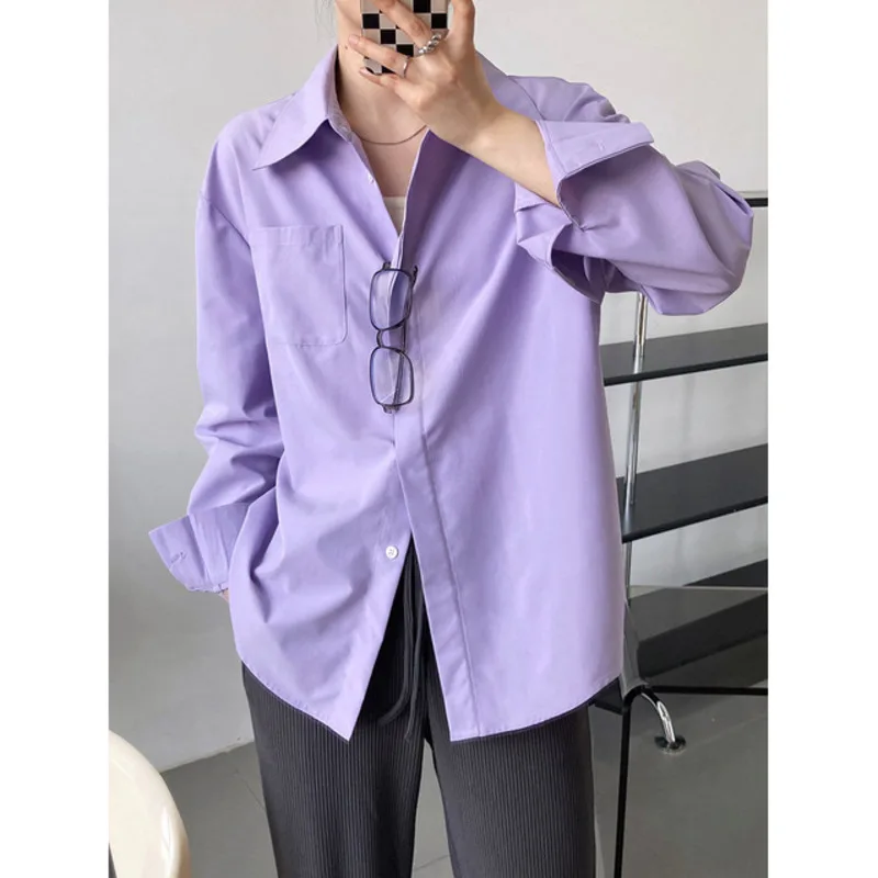 

Spring Autumn Women Casual Shirts Turn Down Collar Pocket Loose Solid Color Shirt Female Basic Blouses 2023