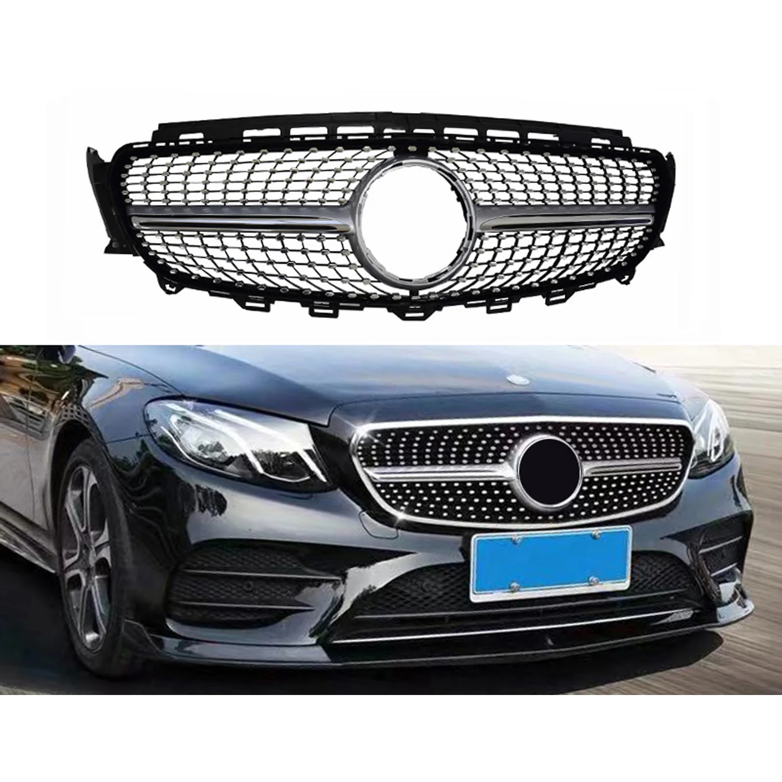 

Black Silver Diamond Front Grill Grille for Mercedes-Benz W213 E250 E300 16-18
