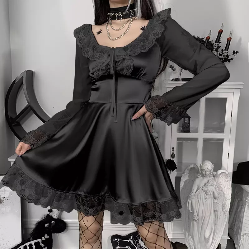 

NEW IN Gothic Lace Up Lolita Black Dress Long Sleeves Lace Trim Bandage Corset French Harajuku Party Princess Dress