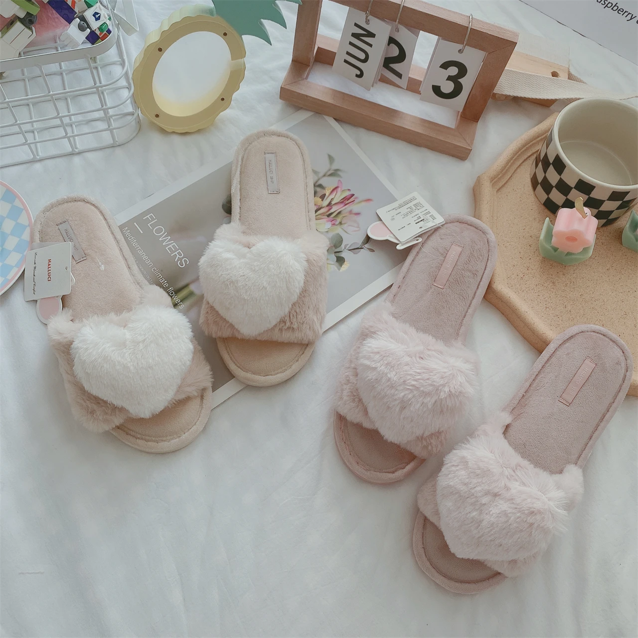 

Женские домашние тапочки с открытым носком, меховые сандалии с сердечками, мягкая подошва, Нескользящие, хлопковая обувь для дома, весна-осе...