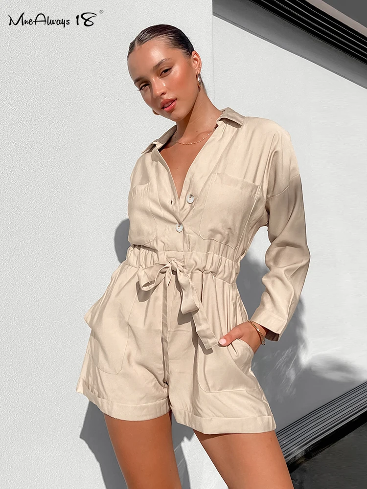 

Mnealways18 Khaki Drawstring Women Cotton Rompers Chic Pockets Button Shorts Jumpsuits Autumn 2023 Office Lady One-Piece Elastic