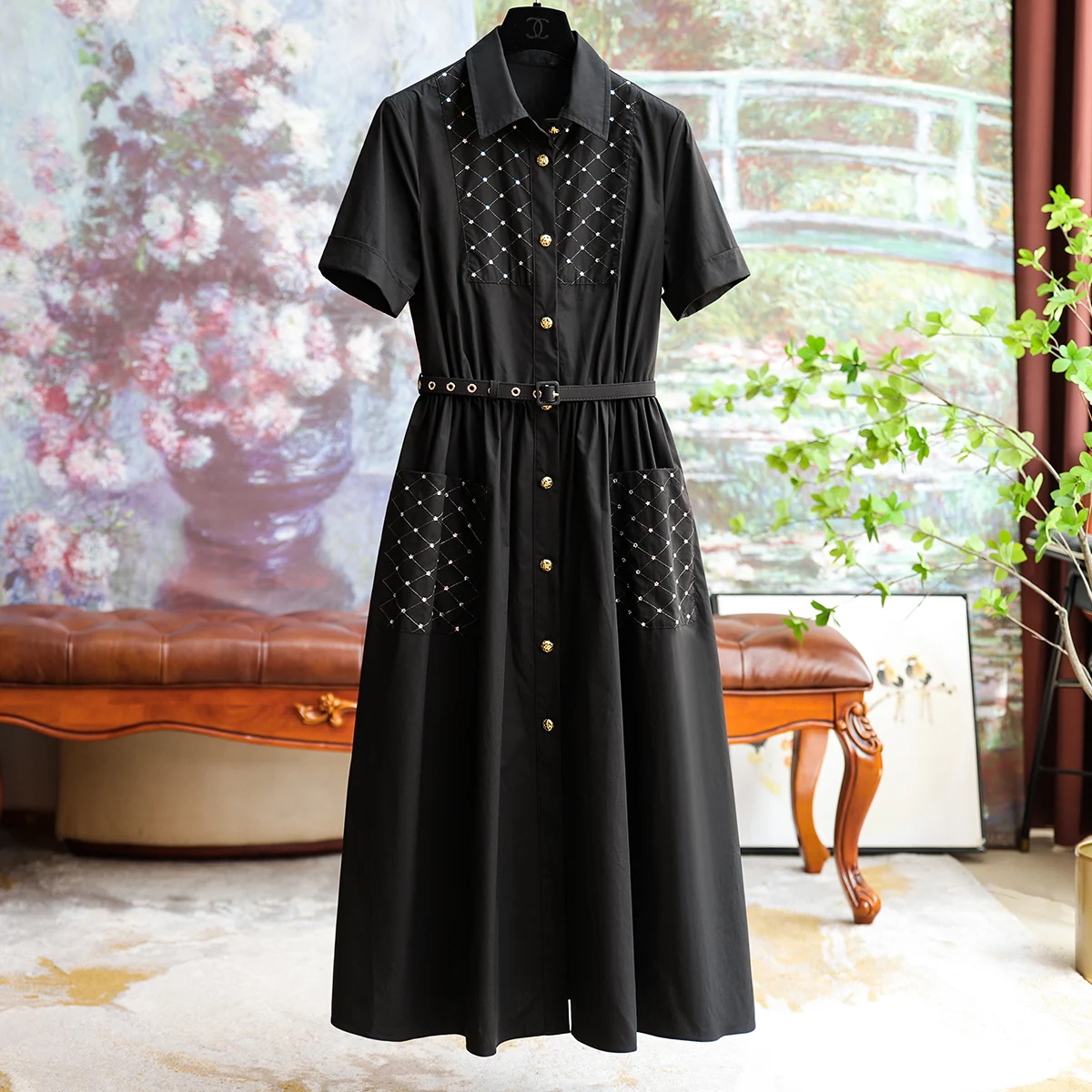 Temperament Design Lapel Shirt Dress Hot Diamond Diamond Lattice Atmosphere Women's Mid-length Skirts Office Ladies Clothing