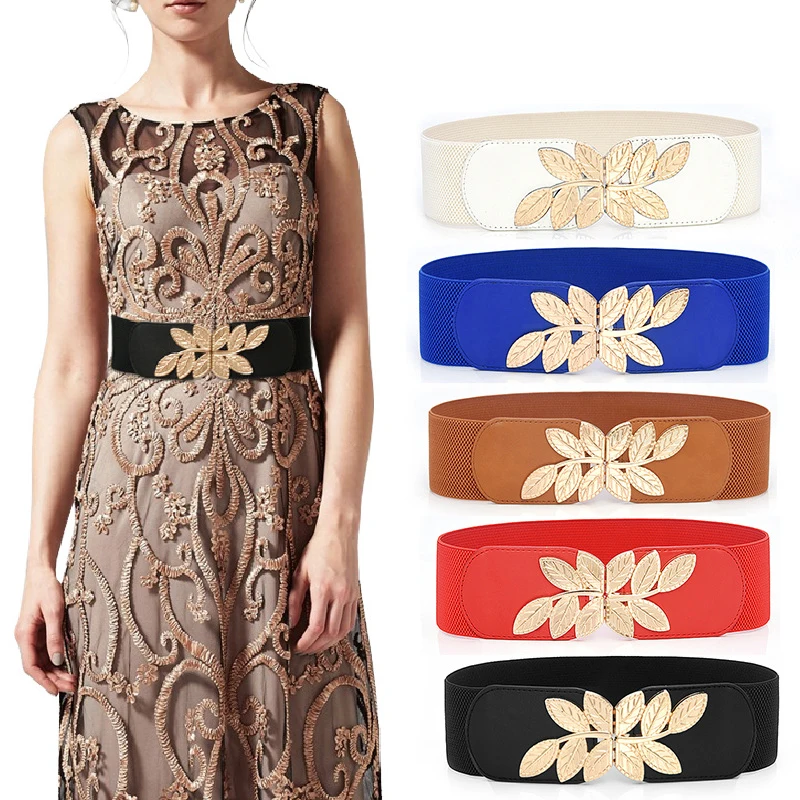 

Women Elastic Wide Belt Thick Vintage Totem Print Stretch Leather Waist Belt For Dress Corset Cinch Carved Leaves Waistband