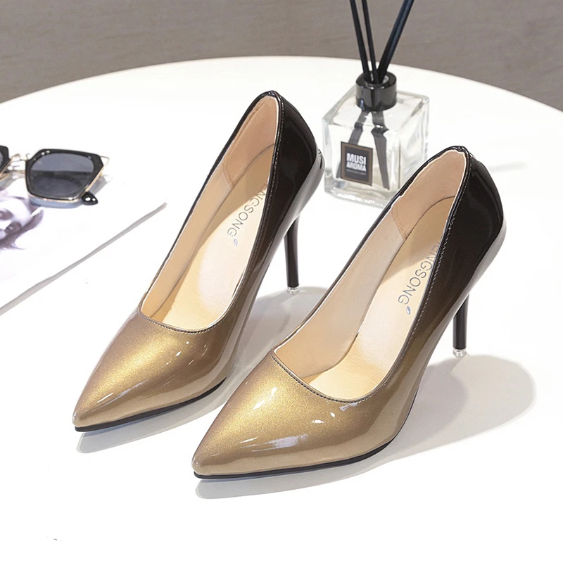 New Nude Pumps for Women High Heel Shoes Female Fashion Patent Leather Sexy Pointed Toe Thin Heel Wedding Shoes Plus Size 33-43