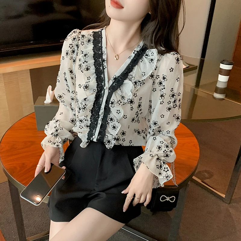 

Шифоновая женская блузка свободная рубашка для девочек с V-образным вырезом Модный летний Повседневный Топ с длинным рукавом Новинка 2022 оде...