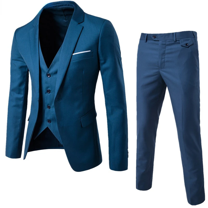 

Men's Blue One Button 3 Pieces Suits Brand Slim Fit Business Grooming Mens Tuxedo Suit Blazer Jacket Coat+Trousers +Waistcoat